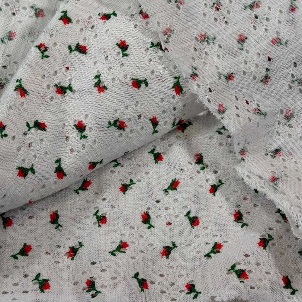 60x58" White Red Rose Floral Pointelle Knit Fabric Eyelet Coquette Cottagecore - Picture 2 of 6